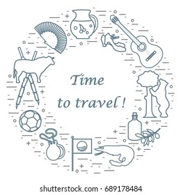 Vector illustration with various symbols of Spain arranged in a circle. Travel and leisure. Design for banner, poster or print.