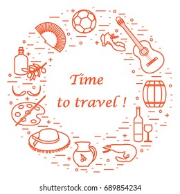 Vector illustration with various symbols of Spain arranged in a circle. Travel and leisure. Design for banner, poster or print.