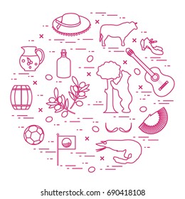 Vector illustration with various symbols of Spain arranged in a circle. Travel and leisure. Design for banner, poster or print.