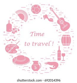 Vector illustration with various symbols of Spain arranged in a circle. Travel and leisure. Design for banner, poster or print.
