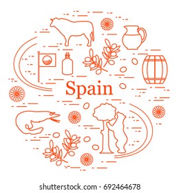 Vector illustration with various symbols of Spain arranged in a circle. Travel and leisure. Design for banner, poster or print.