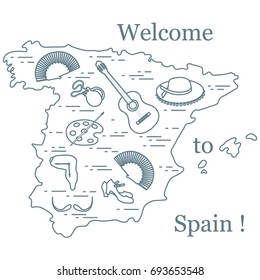 Vector illustration with various symbols of Spain arranged in a circle. Travel and leisure. Design for banner, poster or print.