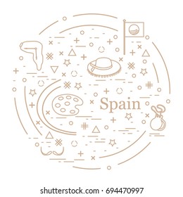 Vector illustration with various symbols of Spain arranged in a circle. Travel and leisure. Design for banner, poster or print.