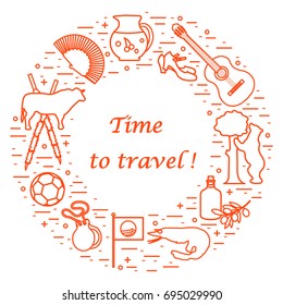 Vector illustration with various symbols of Spain arranged in a circle. Travel and leisure. Design for banner, poster or print.