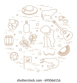 Vector illustration with various symbols of Spain arranged in a circle. Travel and leisure. Design for banner, poster or print.