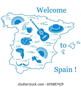 Vector illustration with various symbols of Spain arranged in a circle. Travel and leisure. Design for banner, poster or print.