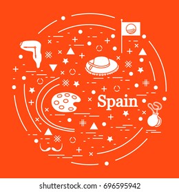 Vector illustration with various symbols of Spain arranged in a circle. Travel and leisure. Design for banner, poster or print.