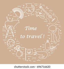 Vector illustration with various symbols of Spain arranged in a circle. Travel and leisure. Design for banner, poster or print.