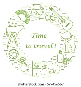 Vector illustration with various symbols of Spain arranged in a circle. Travel and leisure. Design for banner, poster or print.