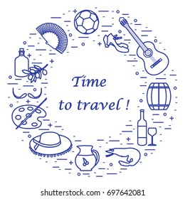 Vector illustration with various symbols of Spain arranged in a circle. Travel and leisure. Design for banner, poster or print.