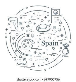 Vector illustration with various symbols of Spain arranged in a circle. Travel and leisure. Design for banner, poster or print.