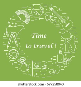 Vector illustration with various symbols of Spain arranged in a circle. Travel and leisure. Design for banner, poster or print.