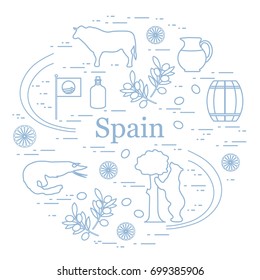 Vector illustration with various symbols of Spain arranged in a circle. Travel and leisure. Design for banner, poster or print.