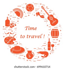 Vector illustration with various symbols of Spain arranged in a circle. Travel and leisure. Design for banner, poster or print.
