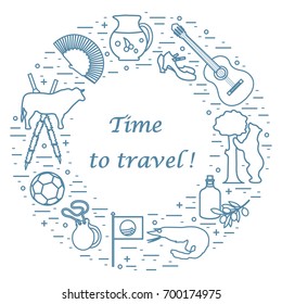 Vector illustration with various symbols of Spain arranged in a circle. Travel and leisure. Design for banner, poster or print.