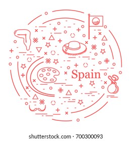Vector illustration with various symbols of Spain arranged in a circle. Travel and leisure. Design for banner, poster or print.