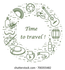 Vector illustration with various symbols of Spain arranged in a circle. Travel and leisure. Design for banner, poster or print.