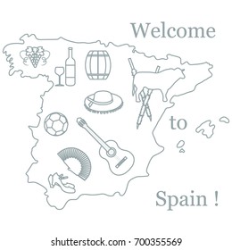 Vector illustration with various symbols of Spain. Travel and leisure. Design for banner, poster or print.