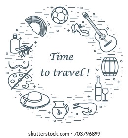 Vector illustration with various symbols of Spain arranged in a circle. Travel and leisure. Design for banner, poster or print.