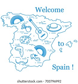 Vector illustration with various symbols of Spain arranged in a circle. Travel and leisure. Design for banner, poster or print.