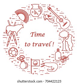 Vector illustration with various symbols of Spain arranged in a circle. Travel and leisure. Design for banner, poster or print.