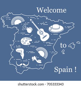 Vector illustration with various symbols of Spain arranged in a circle. Travel and leisure. Design for banner, poster or print.