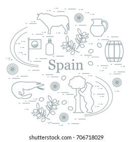 Vector illustration with various symbols of Spain arranged in a circle. Travel and leisure. Design for banner, poster or print.