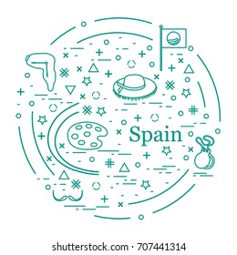 Vector illustration with various symbols of Spain arranged in a circle. Travel and leisure. Design for banner, poster or print.