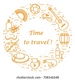 Vector illustration with various symbols of Spain arranged in a circle. Travel and leisure. Design for banner, poster or print.
