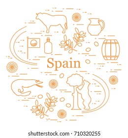 Vector illustration with various symbols of Spain arranged in a circle. Travel and leisure. Design for banner, poster or print.