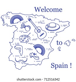 Vector illustration with various symbols of Spain arranged in a circle. Travel and leisure. Design for banner, poster or print.