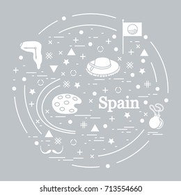 Vector illustration with various symbols of Spain arranged in a circle. Travel and leisure. Design for banner, poster or print.