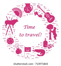 Vector illustration with various symbols of Spain arranged in a circle. Travel and leisure. Design for banner, poster or print.