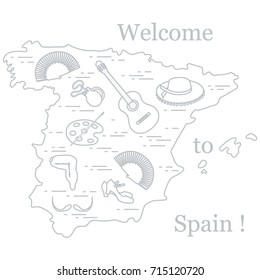 Vector illustration with various symbols of Spain arranged in a circle. Travel and leisure. Design for banner, poster or print.