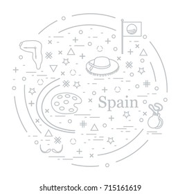 Vector illustration with various symbols of Spain arranged in a circle. Travel and leisure. Design for banner, poster or print.