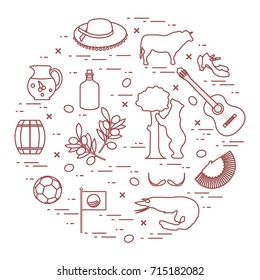 Vector illustration with various symbols of Spain arranged in a circle. Travel and leisure. Design for banner, poster or print.