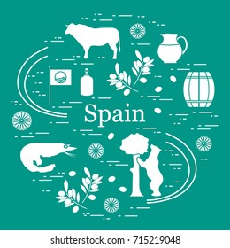 Vector illustration with various symbols of Spain arranged in a circle. Travel and leisure. Design for banner, poster or print.