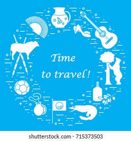 Vector illustration with various symbols of Spain arranged in a circle. Travel and leisure. Design for banner, poster or print.