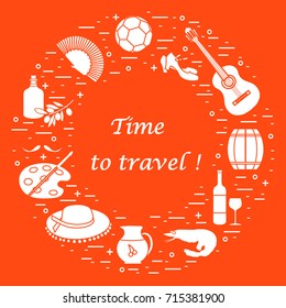 Vector illustration with various symbols of Spain arranged in a circle. Travel and leisure. Design for banner, poster or print.