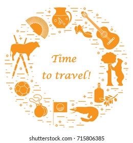 Vector illustration with various symbols of Spain arranged in a circle. Travel and leisure. Design for banner, poster or print.