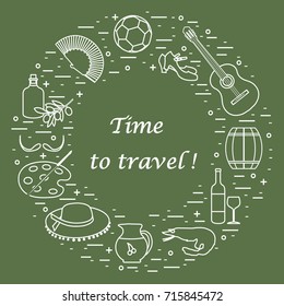 Vector illustration with various symbols of Spain arranged in a circle. Travel and leisure. Design for banner, poster or print.