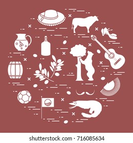 Vector illustration with various symbols of Spain arranged in a circle. Travel and leisure. Design for banner, poster or print.