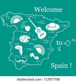 Vector illustration with various symbols of Spain arranged in a circle. Travel and leisure. Design for banner, poster or print.