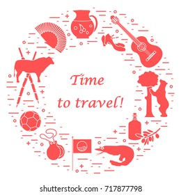 Vector illustration with various symbols of Spain arranged in a circle. Travel and leisure. Design for banner, poster or print.