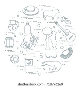 Vector illustration with various symbols of Spain arranged in a circle. Travel and leisure. Design for banner, poster or print.