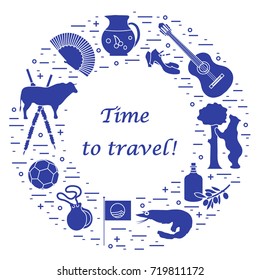 Vector illustration with various symbols of Spain arranged in a circle. Travel and leisure. Design for banner, poster or print.