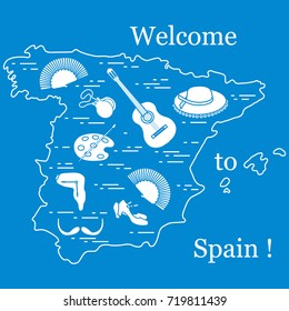 Vector illustration with various symbols of Spain arranged in a circle. Travel and leisure. Design for banner, poster or print.
