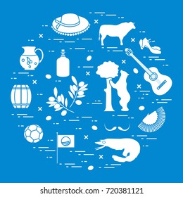 Vector illustration with various symbols of Spain arranged in a circle. Travel and leisure. Design for banner, poster or print.