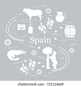 Vector illustration with various symbols of Spain arranged in a circle. Travel and leisure. Design for banner, poster or print.