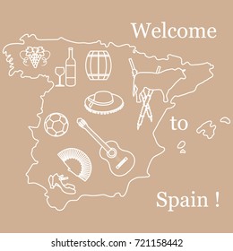 Vector illustration with various symbols of Spain. Travel and leisure. Design for banner, poster or print.